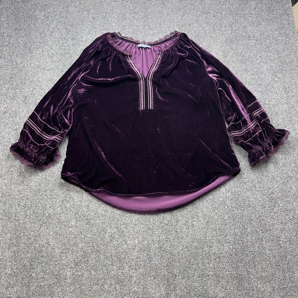 Democracy Whimsigoth Boho Romantic Purple Velvet Lace Trim Bell Sleeve Blouse